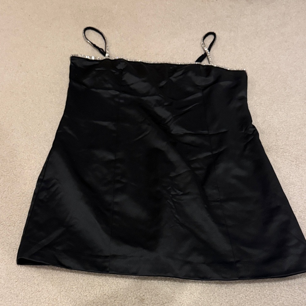 Black Satin Dress with Rhinestone Trim